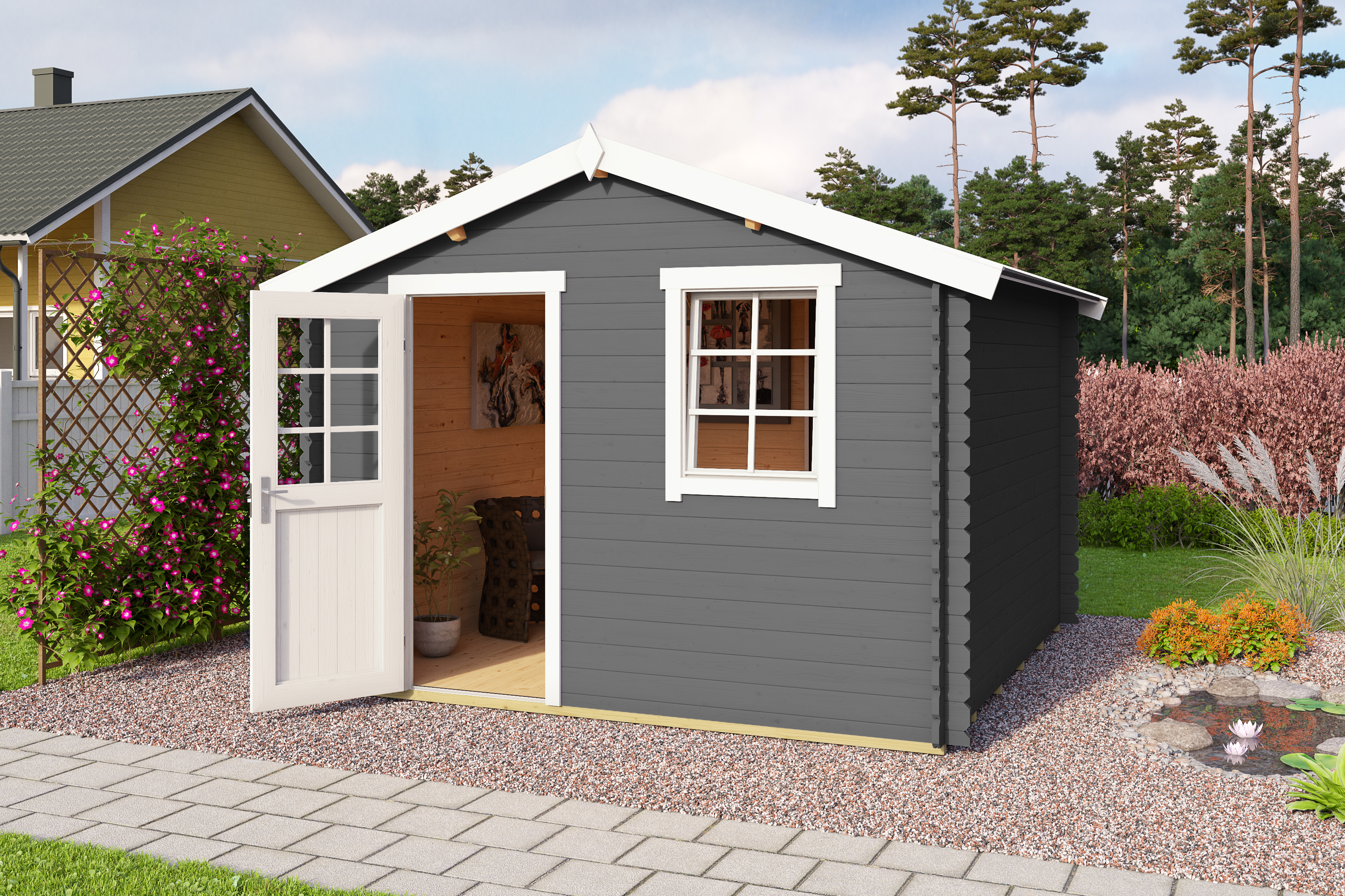 Gartenhaus Blockhaus  Satteldach 28 mm Wels 3 grau 320x320 cm Lasita