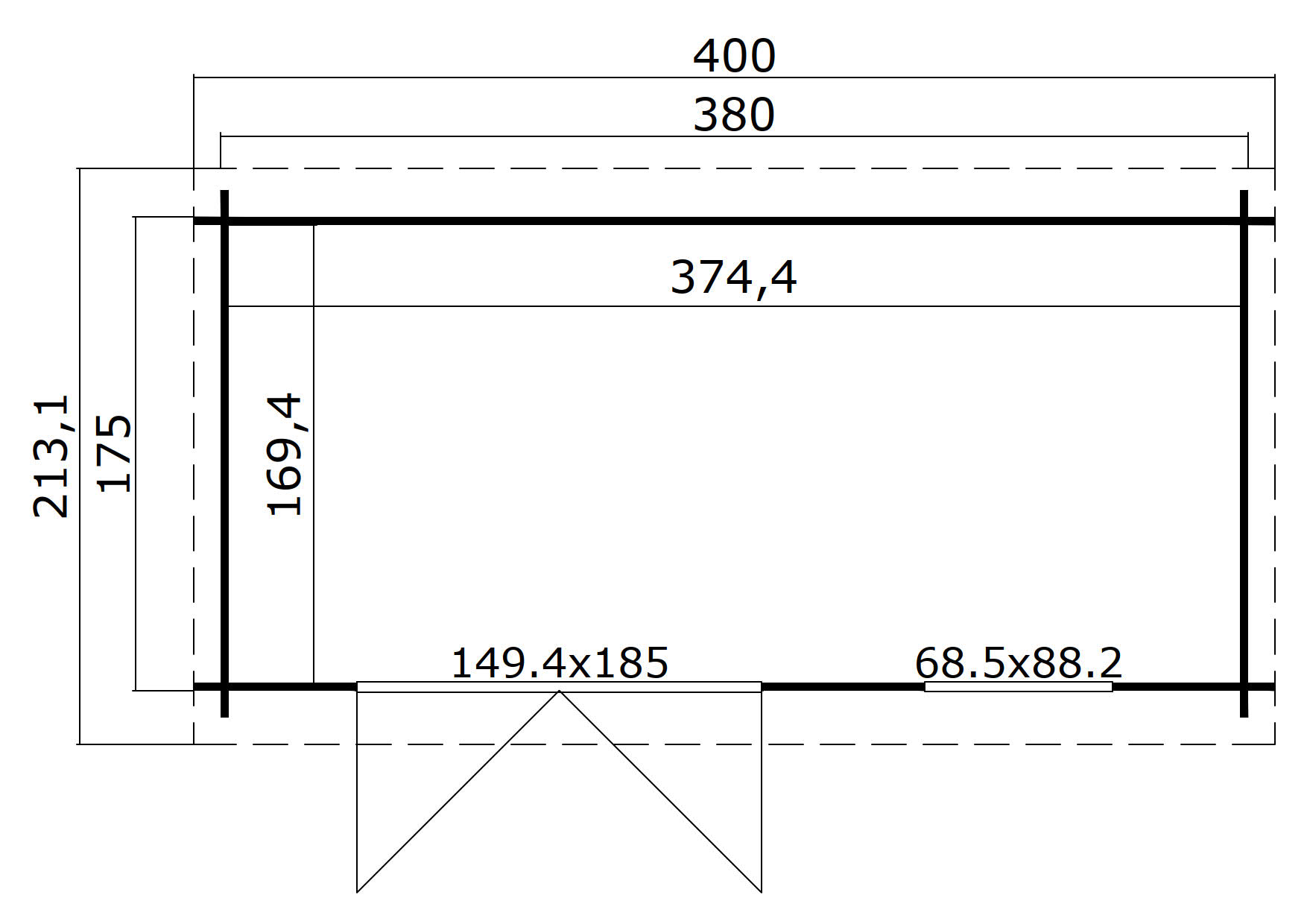 Gartenhaus Blockhaus  Pultdach 28 mm Amira 175 400x195 cm Lasita Skizze